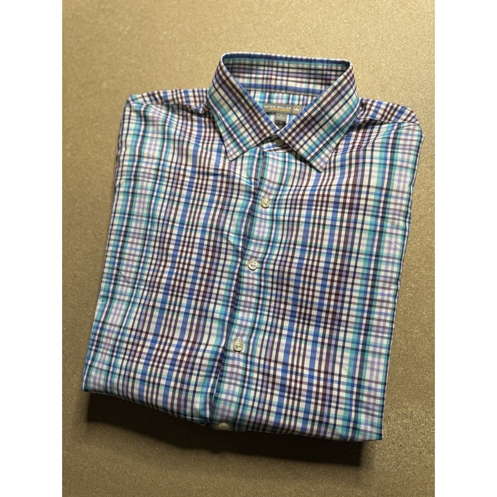 Peter Millar Summer Comfort Button Shirt Nylon Men's 2XL Multicolor Plaid Peppy